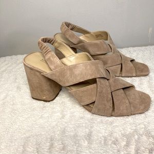 NEW Michael Kors Dixon Heeled  Suede Sandals Women's 9.5 Open Toe Shara Tan